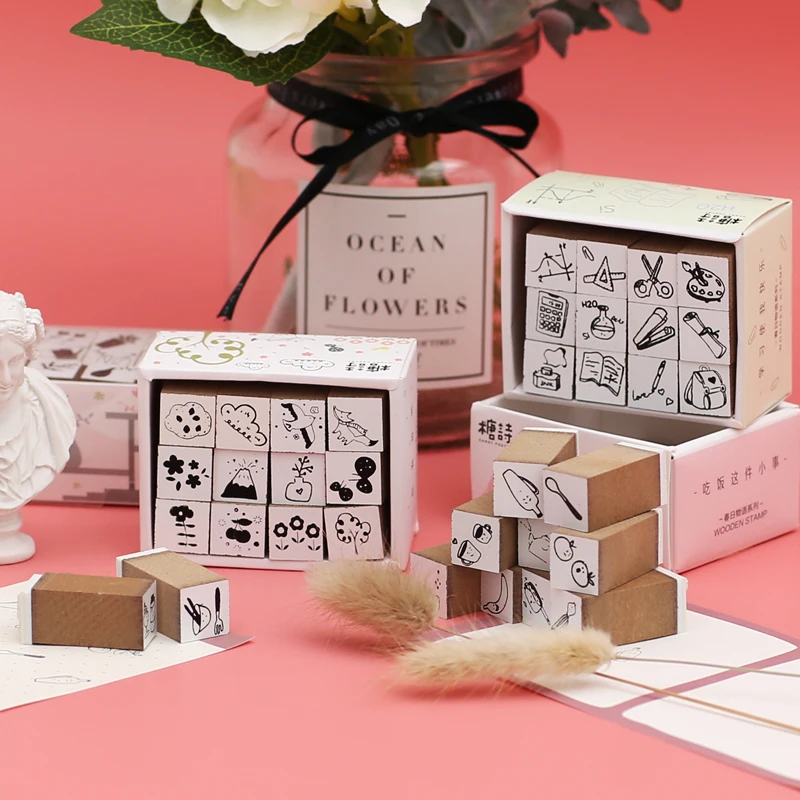 

4patterns back to school stationery wooden stamps set diary planner notebooking decorative stamp tableware flower design