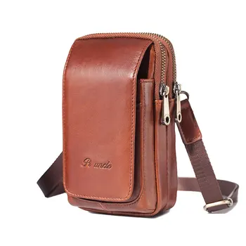 

6.5‘’ Chest Bag Simple Retro Versatile Casual Leather Mini Waist Bag Men Purse Double-deck Cellphone Waist Packs Shoulder Strap