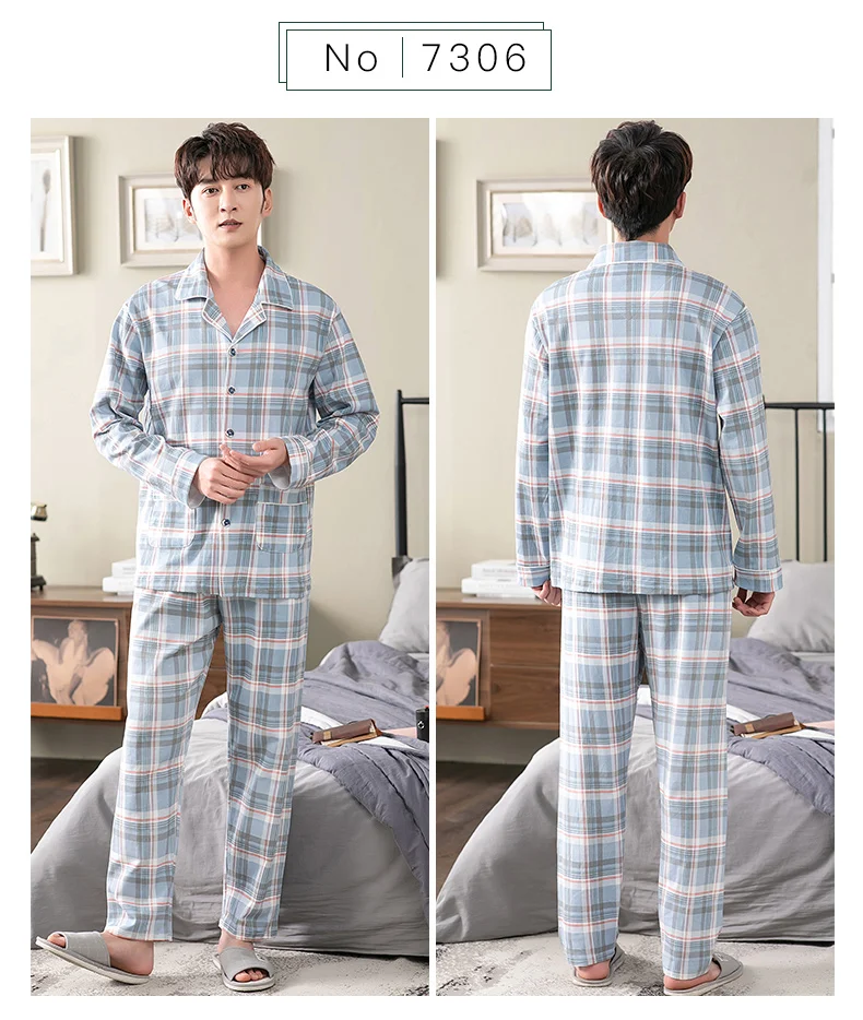 cotton loungewear Fashion Autumn Men Pajamas Home Clothing Long Sleeve Long Pants Pyjamas Sleepwear Male Full Cotton Sleep Lounge M-4XL Plus Size white cotton pyjamas