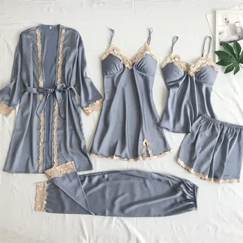 

Sexy Satin 5PCS Sleep Set Nightwear Pajamas Silky Lady Kimono Robe Gown Lace Patchwork Bridal Wedding Gift Homewear Sleepwear