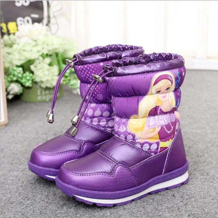 Новые зимние водонепроницаемые детские сапоги, красивые зимние сапоги для девочек, Мультяшные сапоги, толстая детская хлопковая обувь - Цвет: Фиолетовый