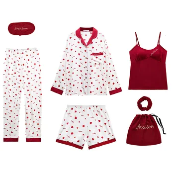 

Women Pajamas 7 Pieces Satin Sleepwear Pijama Silk Home Wear Home Clothing Embroidery Sleep Lounge Pyjama Robe and Nightgown Set