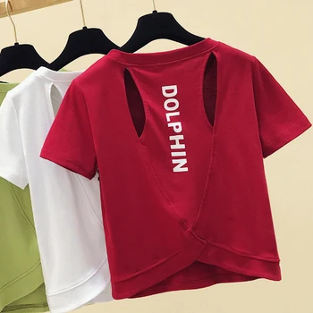 

gkfnmt Crop Tops Cotton Letter Print T shirt Women Tops Summer Top Female T-shirt Short Sleeve Tee Shirt Femme Back Hollow Out