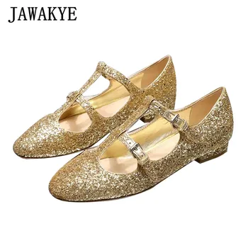 

Gold Silver Sequined Party Prom Shoes for Women Genuine Leather Round Toe T-tied Buckle Strappy Flat Shoes Femme Zapatos Mujer