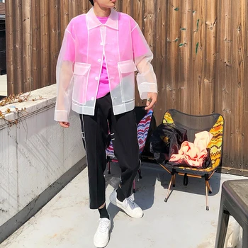 

Male Women Streetwear Hip Hop Fashion Loose Shirt Coat Black White Men Transparent Organza Long Sleeve Casual Shirt Style Jacket