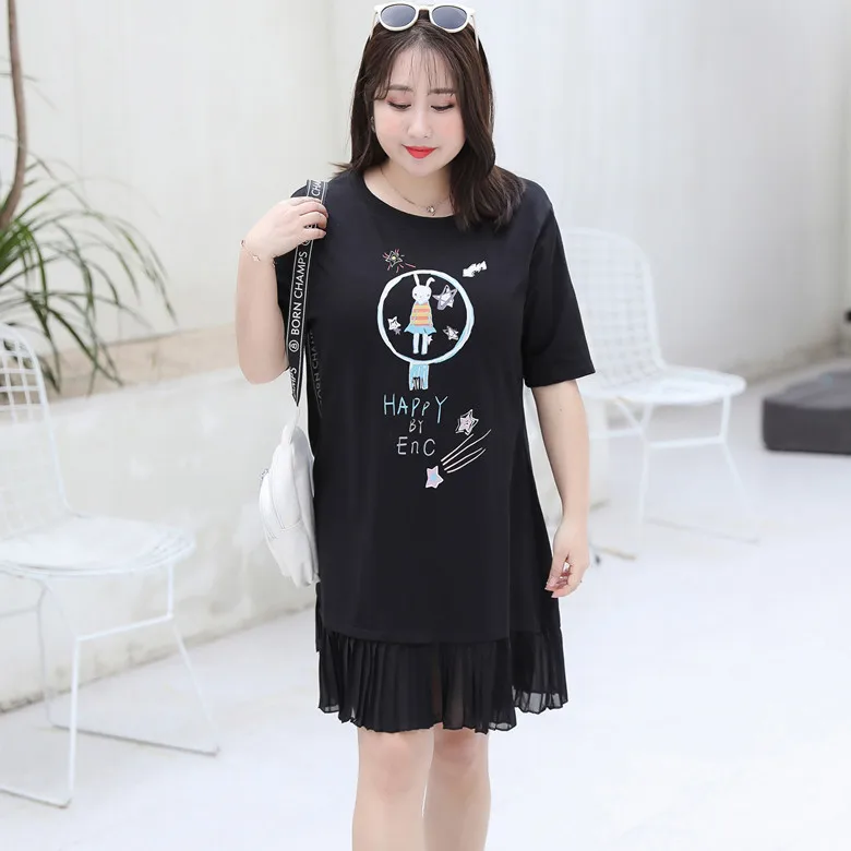 

4XL To 8XL Oversized Women Dress Cartoon Print Chiffon Ruffles Summer T-shirt Dress Loose Short Sleeve Casual Dresses T6122