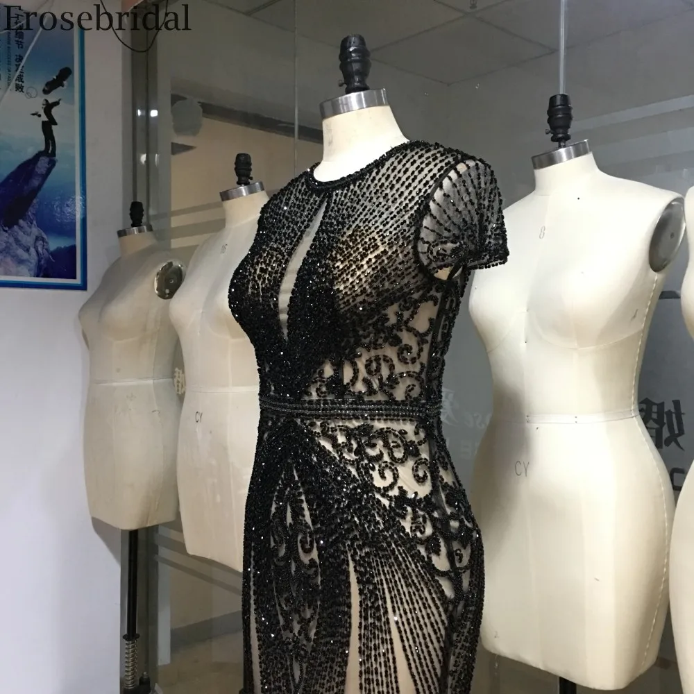 Erosebridal, черное платье для выпускного вечера, длинное,, короткий рукав, роскошное, расшитое бисером, Русалка, длинные платья со шлейфом, на молнии сзади, вечерние, длинное платье