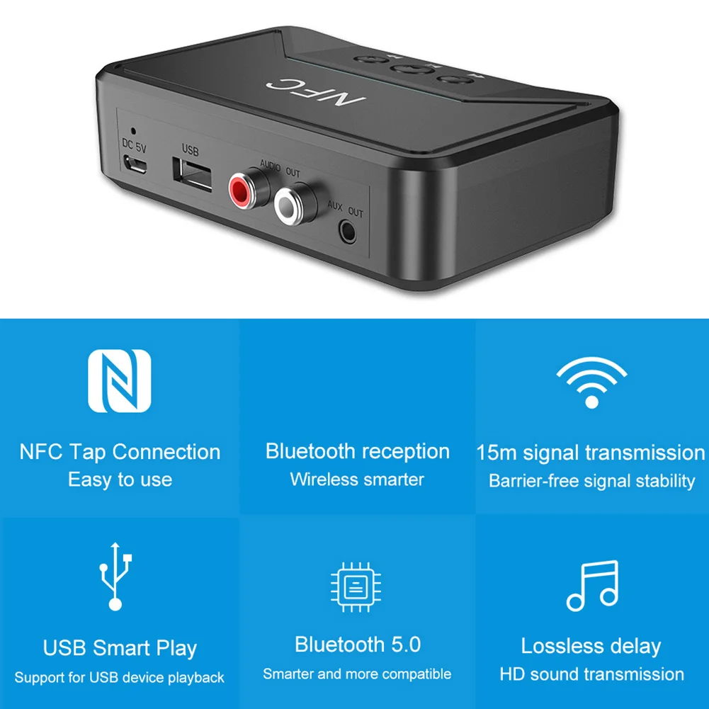 Bluetooth 5 0 Receiver Smart NFC A2DP RCA AUX 3 5MM Jack Wireless Adapter Suppotr USB Play For Auto Household Speaker Headphone
