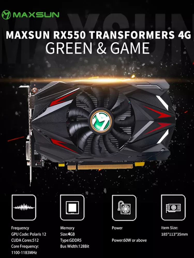 MAXSUN Full New AMD GPU Radeon RX 550 Transformers 4G GDDR5 14nm Computer PC Gaming Video DP+DVI 128Bit Graphics Card graphics cards computer