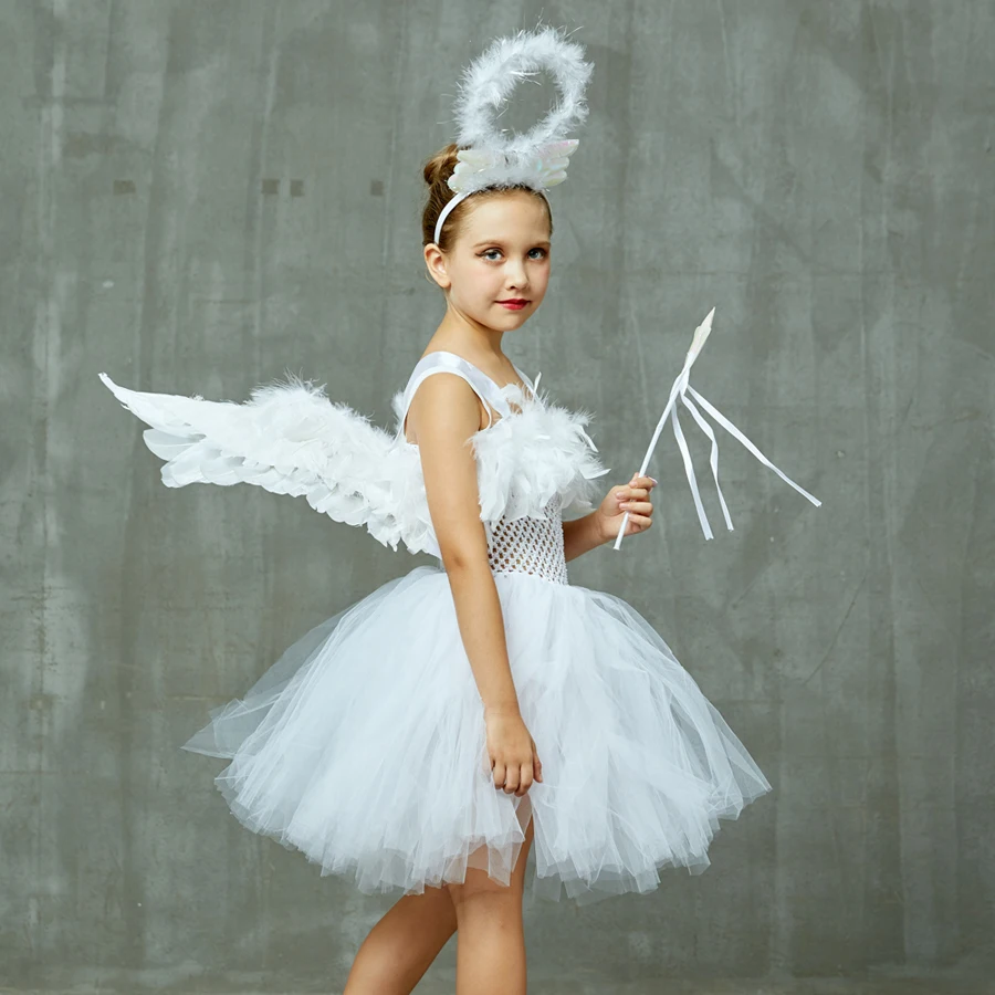 White Angel Girls Feather Tutu Dress Kids Halloween Birthday Party Costume Girl Christmas Nativity Dress with Wings Halo Outfit (16)