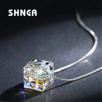 

New Fashion Real 100% 925 Sterling Silver Square Crystal Clavicle Chain Choker Necklaces For Women Collares BN086