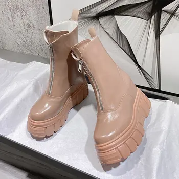 

Women High Platform Boots 2020 Fashion High Heeled Shoes Women White Boots Wedge Shoes Front Zipper Black Leather Ankle Boots
