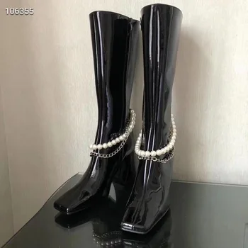 

2020 Fashion New Women's High-Heel Boots Pearl Chain Decoration Height Increasing Glossy Side Zipper High Boots Women's Shoes