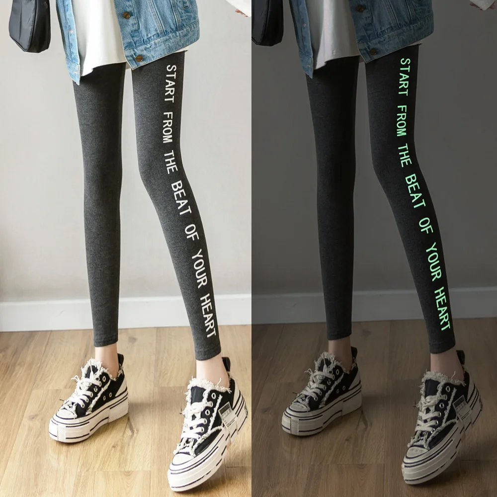 Womens Girls Letter Glow In Dark High Waisted Leggings Women 2020 Autumn Black Grey Night Light Elastic Waist Jeggings Femme