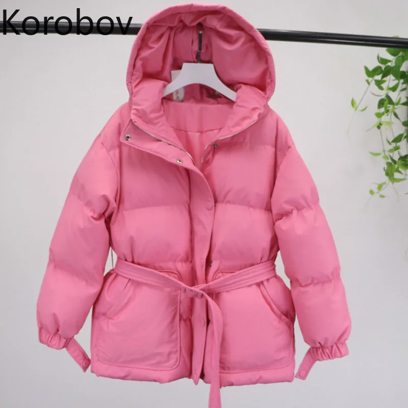 

Korobov Korean Solid Long Sleeve Hooded Women Parkas Sashes Lacing Adjustable Zipper Winter Coat Female Pockets Coats 79003
