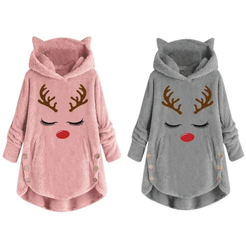 

Female Nightwear Embroidered Elk Print Long Sleeve Hooded Plush Coat Women Nightwear Irregular Solid Color Buttons Decoration