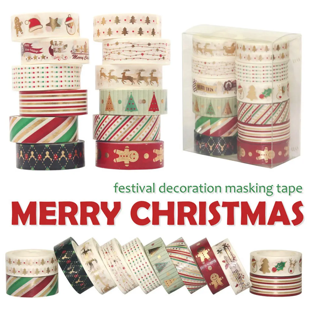 12Pcs/Set Christmas Washi Tapes Snowflake Reindeer Stripes Kawaii Masking Stickers Stationery Scrapbooking School Supplies | Канцтовары