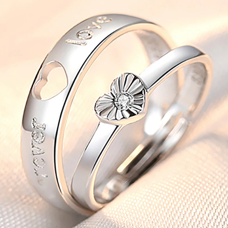 2pcs/Set Adjustable Heart-Shaped Letter Copper 30% Silver Plated Crystal Couple Ring Men Women Jewelry Wholesale Dropshipping | Украшения и