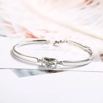 

Luxury Dainty Heart Zircon Adjustable Cuff Charm 925 Sterling Silver Bracelet Bangles For Women Handmade Unusual Jewelry