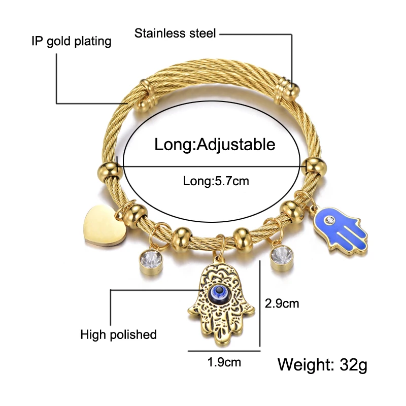 Turkish Lucky Fatima Hand Evil Eye Heart Adjustable Bracelets For Women High Quality Stainless Steel Jewelry 5