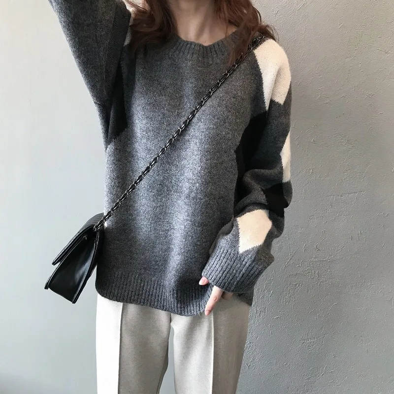 New sweater women autumn and winter Korean version of the sleeve sweater loose lazy wind diamond pattern women sweater top New sweater women autumn and winter Korean version of the sleeve sweater loose lazy wind diamond pattern women sweater top