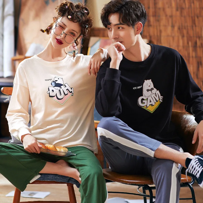 

6907 # Lettered White Bear Yellow Blue JRY Pullover Couples Long Sleeve Pajamas Homewear Set