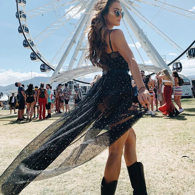 JIEZUOFANG Star Mesh Black Boho Maxi Long Dress Sexy Sheer Beach Party Rave Festival  Summer Dresses 2019 new product sun dresses