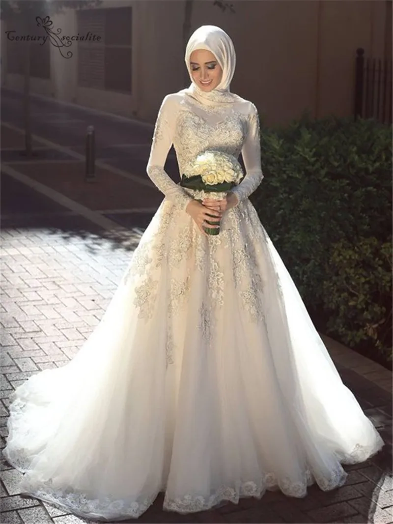Vestido De Novia мусульманские свадебные платья с длинными рукавами и кружевной аппликацией, с круглым вырезом, пуговицами на спине, арабские Дубай, свадебные платья, платье невесты