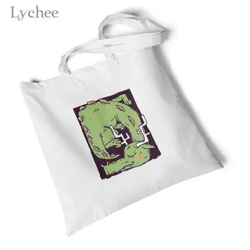 

Lychee Harajuku Cartoon Dragon Print Women Canvas Bag Foldable Large Shoulder Bag Handbag Storage Reusable Tote Shopping Bag