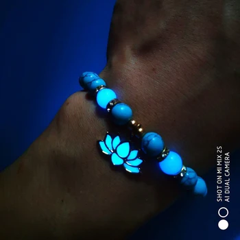 Glowing In The Dark Bracelet for Women Men Yoga Prayer Lotus Flower Shaped OM Charm Buddhism Natural stone Bead Luminous Jewelry