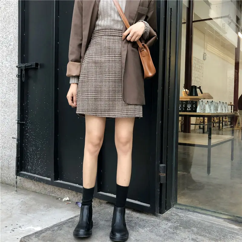 

Autumn 2019 New Style Korean-style Skirt Versatile High-waisted Retro Plaid Woolen Skirt Slimming Skirt WOMEN'S Dress