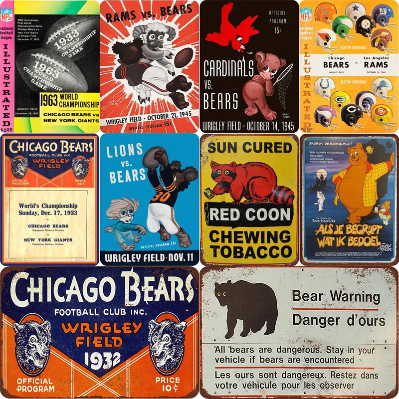 Chicago Bears and Coon металлическая живопись вывески Винтаж Плакат Бар Паб декоративная табличка домашний декор пивная рекламная тарелка