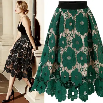 

Women Skirt Vintage Crotch Lace Skirt calf belly High Waist Autumn Winter Midi Skirts Ladies Flared Skater 4XL