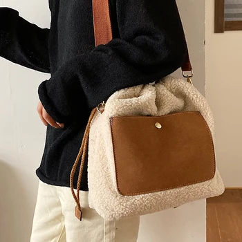 

Luxury Faux Fur Bucket Bags For Women Large Capacity Winter Shoulder Messenger Bag Simple Female Tote Bag bolsos mujer