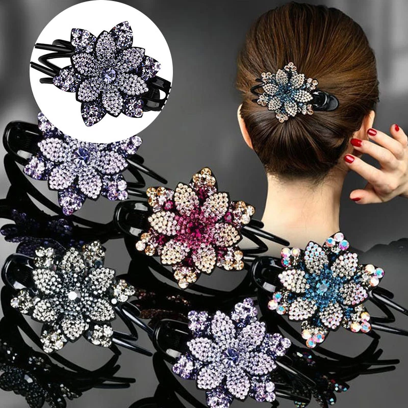 Vintage Rhinestone Flower Duckbill Hair Claws Ponytail Resin Hair Clip Shinning Headwear Hairpin Hair Combs Hair Accessories head accessories female