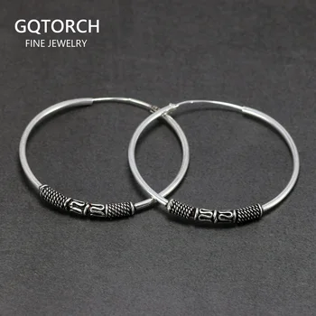 

35mm Big Hoop Earrings For Women With Peaceful Coils 925 Sterling Silver Round Circle Earring Retro Antique Thai Silver Jewelry