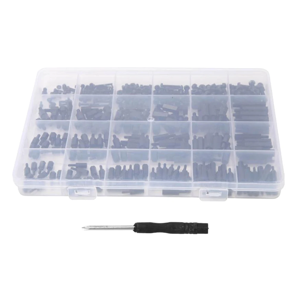 360PCS M2 M2.5 M3 External Thread Internal Thread Nylon Hexagon Gasket Lock Nut Combination Set (Black) with Tools
