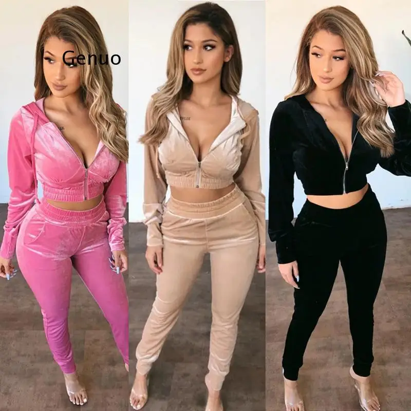 

2 Piece Women Velvet Set Hoodied Long Sleeve Crop Top Stacked Pants Leggings Outfits 2021 Spring Autumn Tracksuit Sweatsuit