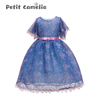 

Elegant Flower Girls Lace Bowknot Mesh Embroidery Princess Dress Choir Evening Dress Kids Stage Performance Costume Summer 2020