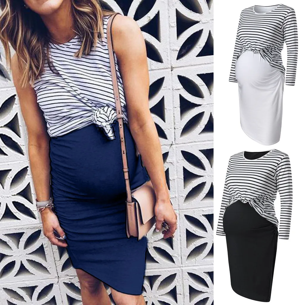 

Women 2019 Pregnant Maternity O-Neck Long Sleeve Stripe Two-piece Sexy Set Dress