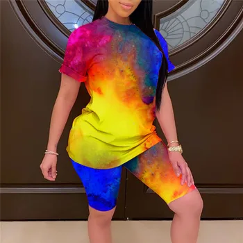 

2pcsWomen Suit Summer Fashion Casual Tie-dye Printed Tops &Shorts Pants Casual Printed Shorts Two-piece Set Sports Set Outfit