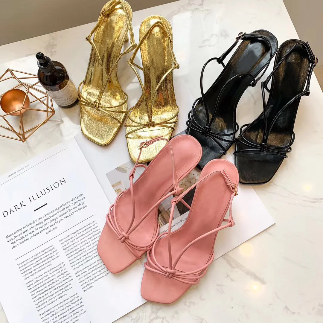 

2019 Women Summer Sandals Height Heel Peep Toe Sandals Women Cross-Tie Square Narrow Band Ladies Simple Slides Shoes