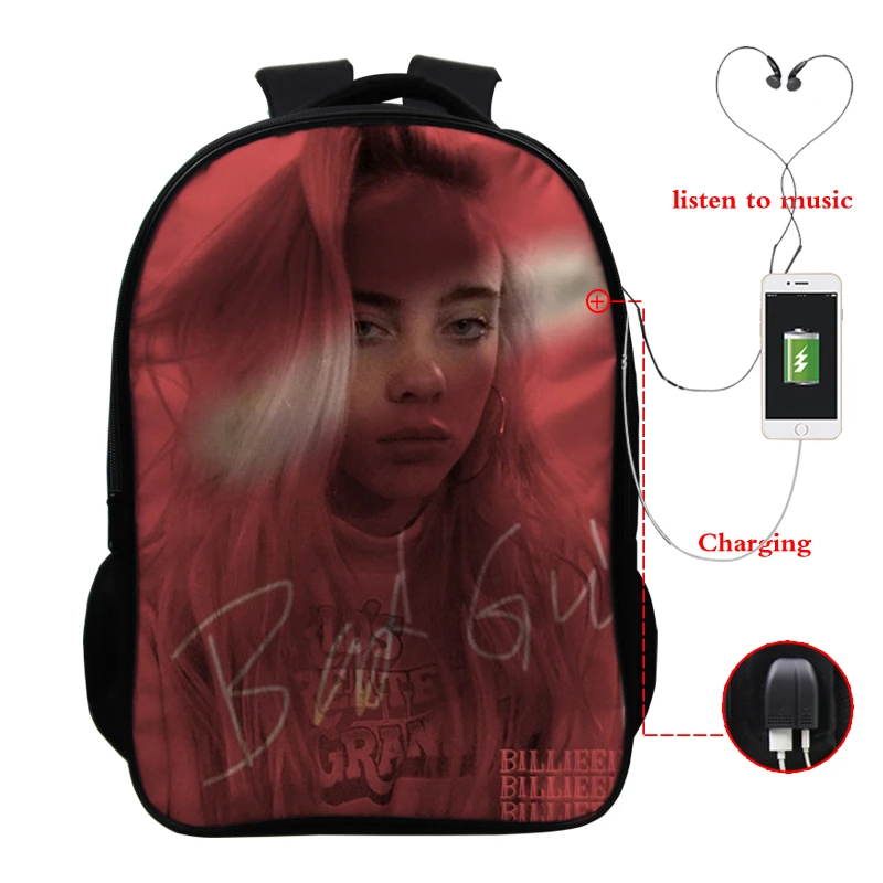 3 Sac Dos Mochila Billie Eilish рюкзаки для школы подростков девочек Книга сумка 3D печать usb зарядка 16 дюймов ноутбук plecak - Цвет: 3