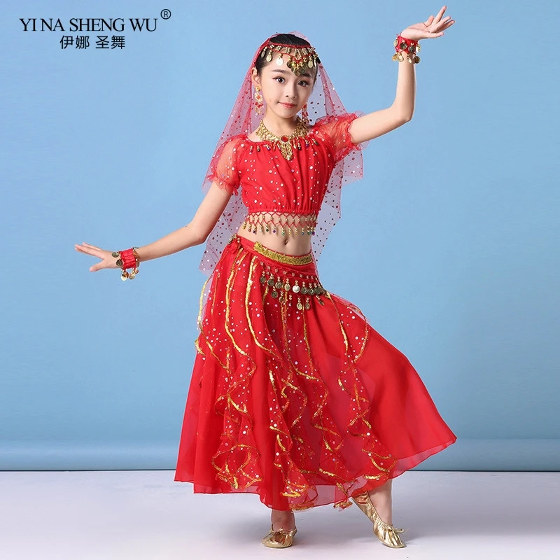 Costume Da Danza Del Ventre Per Bambine – Set Con Top, Pantaloni Harem, Catena Vita, Foulard E Braccialetto