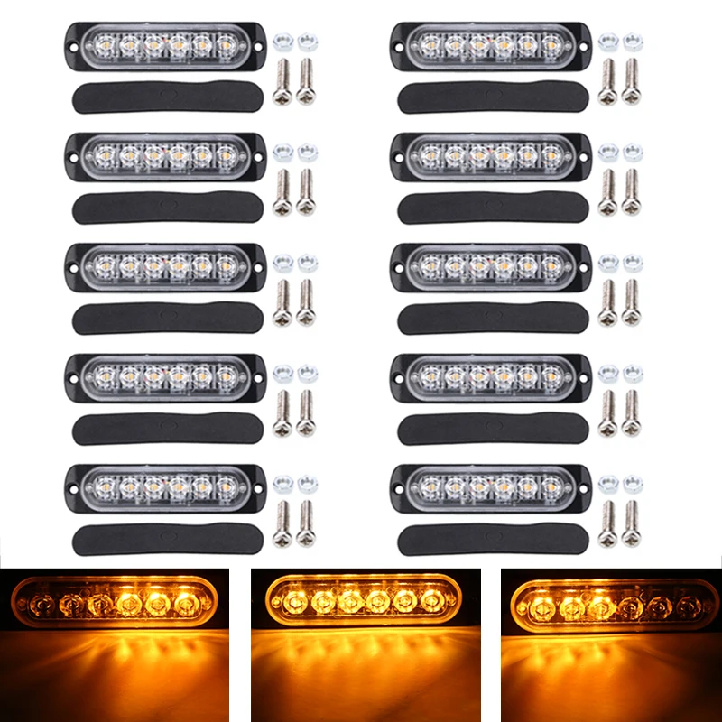 10 шт. Янтарь 6LED аварийный для автомобиля грузовика предупредительный маячок опасности стробоскопический источник света DC 12 V-24 V 18 Вт