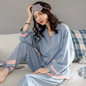 

New Women's Cotton Pajamas Spring Autumn Long Sleeve Shirts Long Pants Turn-Down Collar Pockets Pajamas Cotton Homewear Set