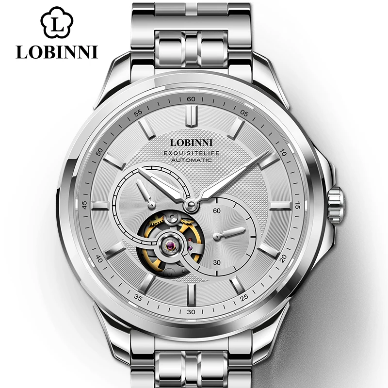 Japan MIYOTA Luxury Brand LOBINNI Automatic Mechanical Men's Waterproof Steel Wristwatches Fashion Design Male Watches - Цвет: Silver