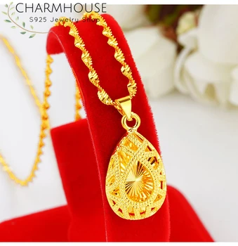

Pure Gold Color Necklaces for Women Waterdrop Pendant Necklace 18inch Chain Collier Female Choker Wedding Bridal Jewelry Gifts