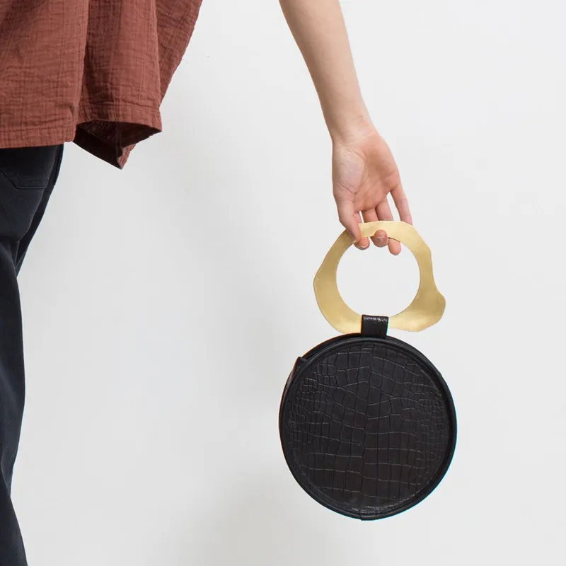 

Vintage Metal Ring Handle Women Handbags Designer Stone Pattern Female Totes Luxury Crocodile Pu Hand Bags Small Round Purses