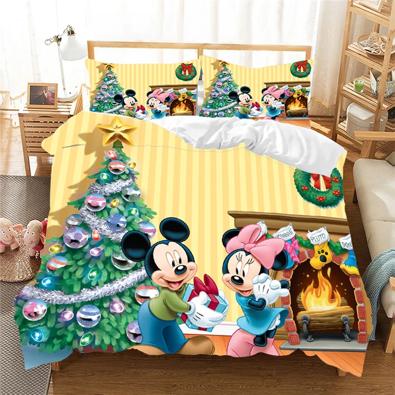 Mickey Minnie Christmas Santa Claus Bedding Set Duvet Cover Children Bed Set Queen King Siz Gift Comforter Bedding Sets